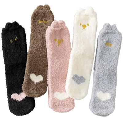 China 2021 Autumn Winter Style Coral Antibacterial Velvet Embroidered Home Cute Medium Tube Socks Cat Claw Ear Floor Stereo Socks for sale