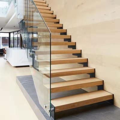 China Modern Modern Led Wooden Stairs Mono Stringer Staircase Wood Stairs With Glass for sale