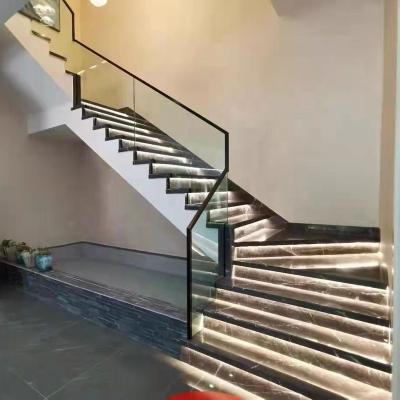 China Modern Customized Marble Stairs With Led Lights Tempered Glass Railing Straight Staircase for sale