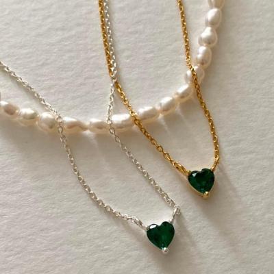 China CLASSIC Emerald Love Heart Pendant Clavicle Chain Gold Plated 925 Sterling Silver Necklaces Women for sale