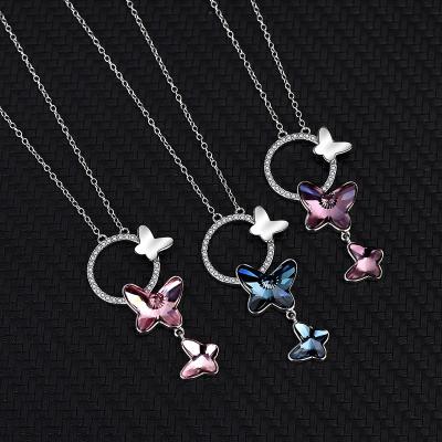 China CLASSIC Luxury Crystal Butterfly Pendant Pave Zircon Gold Plated 925 Sterling Silver Necklaces For Women for sale