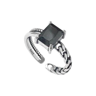 China Women 925 Sterling Silver Rings Crystal Thai Silver Jewelry Men's Vintage Black Rectangle Ring for sale