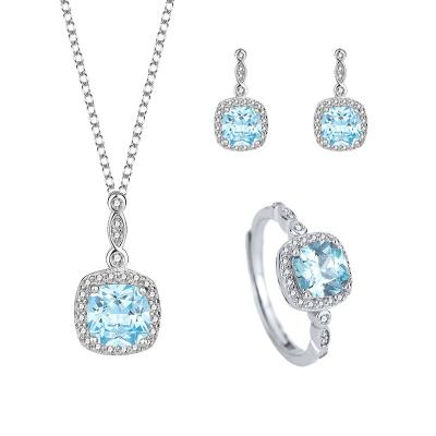 China Romantic High Quality Blue Pave CZ Diamond Wedding 925 Sterling Silver Jewelry Sets For Women for sale