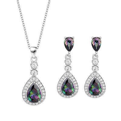 China Vintage Classic Water Drop Colorful Zircon Set Women Sterling Silver Pendant Two Piece Wedding Jewelry Sets for sale