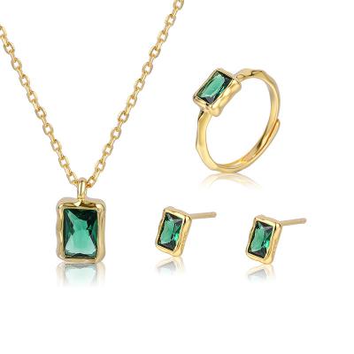 China Vintage High Quality 18k Gold Plated Green CZ Diamond Sterling Silver Emeralds Jewelry Sets For Women for sale