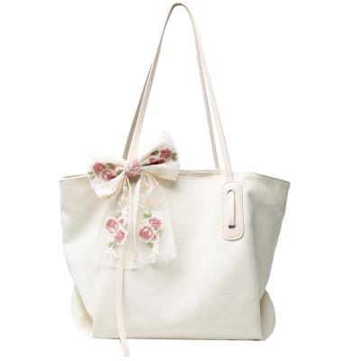 China 2021 Fashion Women Ladies Fashion Customization Shoulder Canvas Tote Bag With Bow Wholesale Eco-friendly Handbags Shopping Canvas Tote Bag With Bow for sale