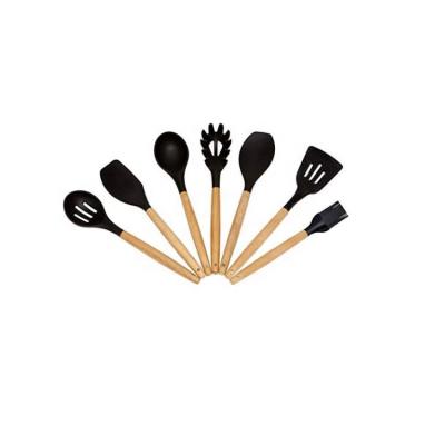 China Wooden Handle Kitchen Spoon Cookware Cookware Utensil Comfortable Nonstick Silicone Viable Tableware Cooking Kit for sale