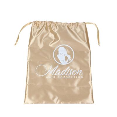 China Custom Shopping Logo Printed Gold Soft Silk Satin Drawstring Bag For Hair Salon Phone Case Packaging for sale