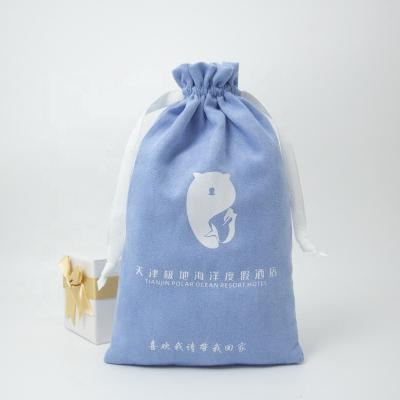 China Custom Made Cute Blue Logo Printed Suede Velvet Drawstring Bag Moisture Proof Cosmetic Gift for sale