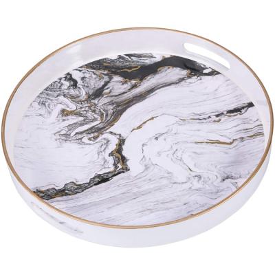 China Home.Restaurant.Bar.Hotel.Wedding White Decorative Round Tray,Marbling Plastic Tray with Handles,Modern Vanity Tray for Ottoman Marble Tray with Gold Edges for sale