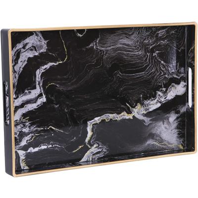 China Luxury Marble Tray Black Plastic Marble Tray Home.Restaurant.Bar.Hotel.Wedding Decoration Rectangle With Gold Handles for sale