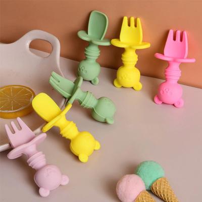 China BPA Free Toddler First Forming Self Feeding Utensils Set Baby Led Weaning Utensils Silicone Baby Fork And Spoon for sale