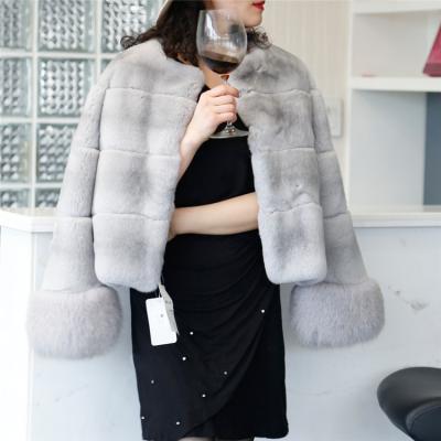 China Factory Real Print Real Rabbit Fur Coat Women's Short Sleeve Rex Fur Winter Coat Rabbit Fur Coat for sale