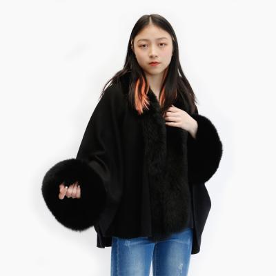 China Fashionable new style women fashion rayon/viscose/acrylic knit cape coat fur sleeves shawl ladies cape coat for sale