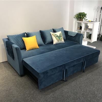 China (Other) Scandinavian Modern Adjustable Sofa Design Style l shape 3 Seater Blue Velvet Sofa Cum Bed for Home for sale