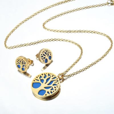 China Romantic 2020 Gold Plated Stainless Steel Enamel Tree of Life Necklaces and Stud Earring Set for sale