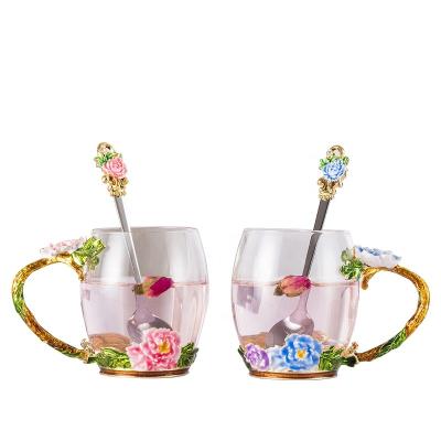 China Handmade Enamel Morden Luxury Classic Style Mug En Glass Coffee Mug With Spoon And Metal Handle for sale