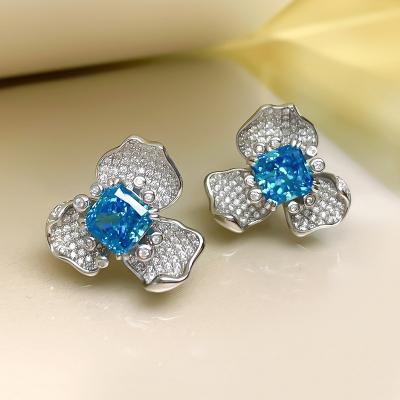 China New S925 7*7mm Full Earrings CLASSIC Silver Luxurious Aquamarine Flower Diamond Earrings Jewelry Accessories for sale