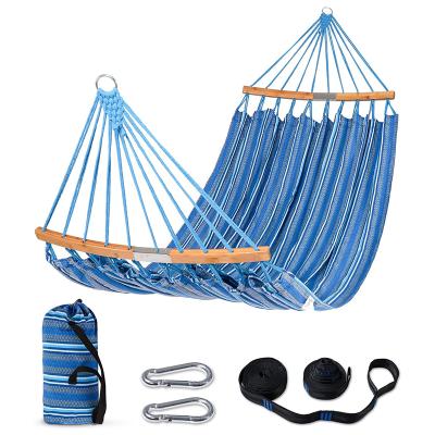 China Wooden Hammock with Built-in Pillow High Quality Outdoor Hammock Wooden Folding for Storage Polyester Striped Fabric for sale