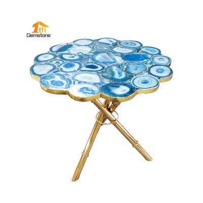 China Blue Agate (Other) Gemstone Adjustable Luxury Furniture Round Edge Side Coffee Table for sale