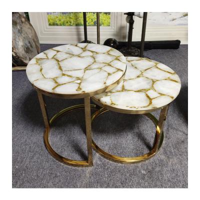 China (Other) Adjustable Gold Sparkle Infused White Quartz Crystal Round Coffee Side Table for sale