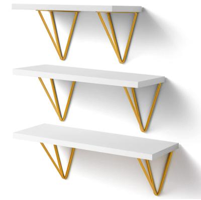 China (Size)Adjustable High Quality Modern White Floating Shelves Decor Wall Shelf With Gold Brackets Set Of 3 for sale