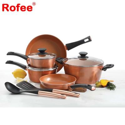 China Sustainable Copper Cookware Set Nonstick Pots and 10 Piece Ceramic Coating Pan Set for sale