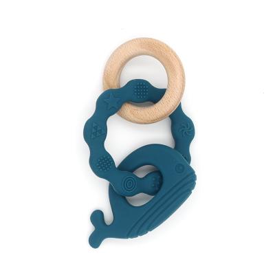 China Non-toxic New Design Safety Colorful Nontoxic Whale Silicone and Wood Baby Teether Toy for Teething Baby for sale