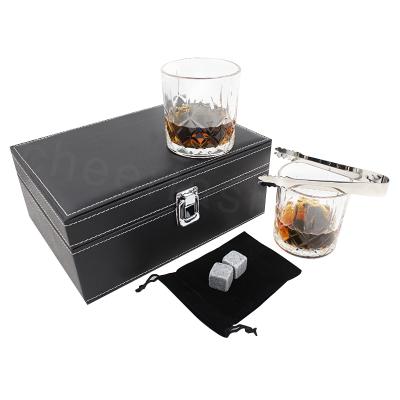 China Viable Luxury Granite Cooling Whiskey Rocks Whiskey Stones Set With Glass Gift Box Set Whiskey Cooling Stones for sale