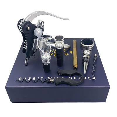 China Large Lever Viable Wine Bottle Cork Screw Tools Gift Box Set Backing Custom Logo Silver Rabbit Corkscrew Opener Wine Gift Set for sale