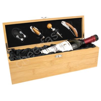 China High Quality Handmade Wooden Boxed Wine Bottle Packaging With 4 Tools Wooden Bamboo Gift Set Simple Wooden Bottle Wine Bamboo Box for sale