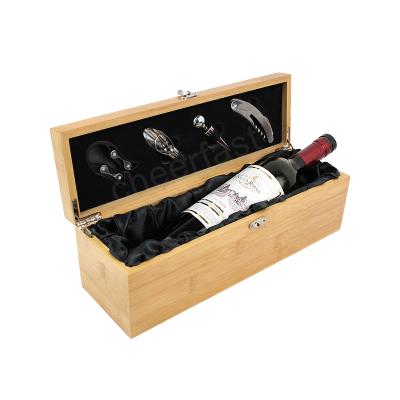 China Handmade Wooden Cheerfast Wine Bottle Box And Wine Accessories Set Bamboo Wooden Wine Gift Box Set With Tools for sale