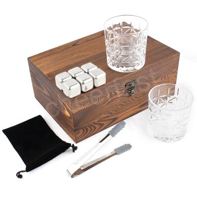 China Viable Most Popular Ice Cube Whiskey Stone Cooling Stones and Crystal Glasses Gift Set Popular Whiskey Metal 6Pcs Stainless Steel for sale