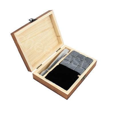 China Customized Viable Brand 9 Pcs Whiskey Ice Cube Rocks Wooden Box and Velvet Pouch Whiskey Granite Cooling Stone for sale