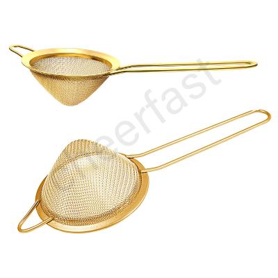 China Viable Support To Add Your Milk Logo Metal Gold Conical Cocktail Strainer Stainless Steel Juice Coned Fine Mesh Strainer for sale