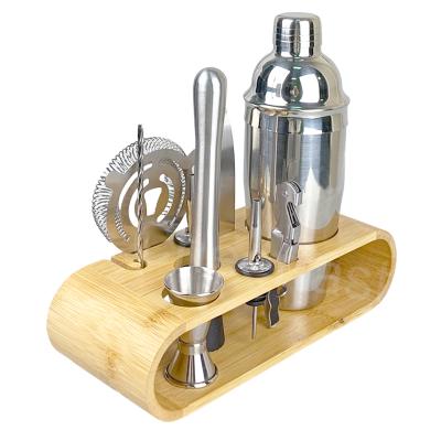 China Viable Professional Bartender Bar Tools Accessories Cheerfast With Silver Bamboo Holder Cocktail Shaker Set 10 Pcs Stainless Steel for sale