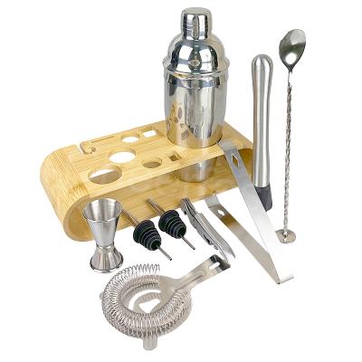 China Viable Bar Tools Cocktail Making Kit Silver Mixology Bartending Kit With Stainless Steel Cocktail Shaker Set With Wooden Stand for sale