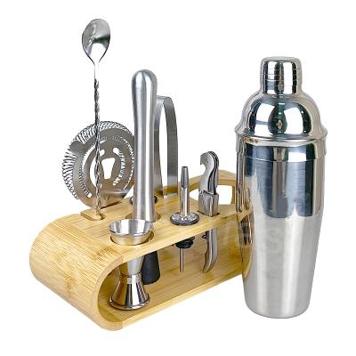 China Sustainable Laser Logo Bar Set With Bamboo 10 Piece Stand Holding Bar Tools Professional 25 Ounce Shaker Stainless Steel Cocktail Shakers Kit for sale