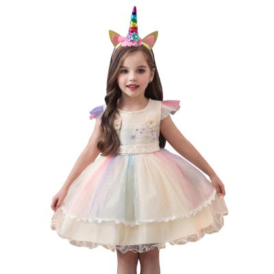 China European style festival kids night colorful fluffy dress breathable for beautiful girl crew neck party girls dresses0-6 years for sale