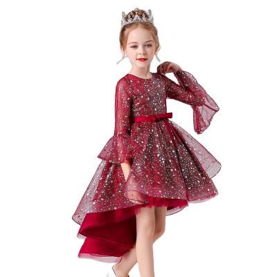 China New Breathable Elegant Star Costume Children's Performance Girl's Long Tail Trumpet Sleeve Sequined Dress Girl's Birthday Party Dress for sale