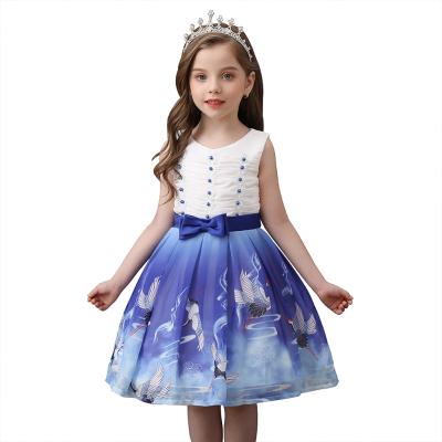 China Breathable Dark Blue Crane Pattern Kids Girl Dress For Party Kids Princess Beaded Dress For Little Girls 2-10 Years Old for sale