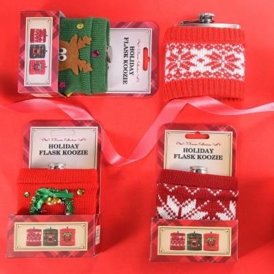 China Christmas Casual Gifts Colorful Knitting Cup Sleeve Custom Design Stainless Steel Hip Flask Gift Set for sale