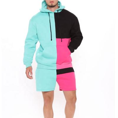 China Breathable Wholesales Mens Fleece Pullover Custom Color Block Hoodie Shorts Set Two Piece Set Tracksuit for sale