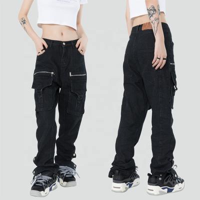 China Anti-Wrinkle Women Fashion Pocket Patchwork Loose Denim Pants Women Autumn Straight Pants Streetwear Korean Cargo Pants for sale