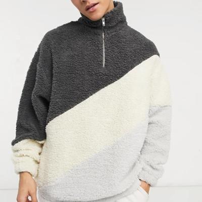 China Anti-wrinkle Winter Thick Warm Casual Men's Color Block Top Sherpa Hoodie 1/4 Zipper Pullover Sweatshirt for sale