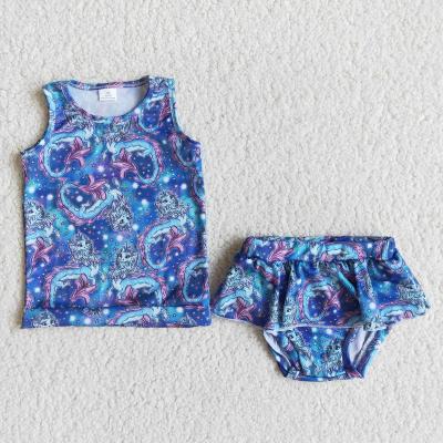 China Casual Dark Blue Bathing Suit Boutique Hot Selling Cartoon Image Clothing for sale