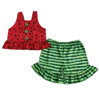 China Small casual hot sale watermelon pattern kids tie up boutique clothing 2pcs babies set ruffle sided kid clothes outfits for sale