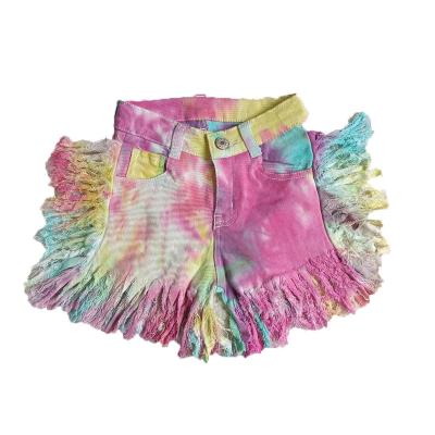 China New Spandex/Cotton Baby Jeans Shorts Tassel Tie Dyed Toddler Girls Summer Denim Pants Teen Age for sale