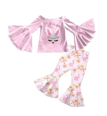 China Casual Girl's Long Sleeve Sets Big Cuffs Pink Easter Clothes For Girl Baby Flared Pants Bunny Bunny Print Kids Baby Outfits for sale