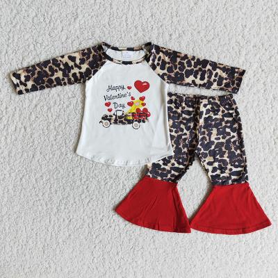 China Children's Leopard Print Children's Autumn Sping Heart Outfit Girl's Valentine's Day T-shirt and Bell Casual High Quality Pants Suit for sale